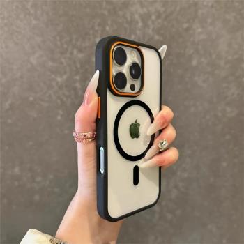 撞色鏡頭適用蘋果16promax手機殼Magsafe磁吸充電iPhone15Pro防摔14plus透明ip13保護套12pm男女簡約全包11