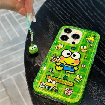 可愛卡通綠色大眼蛙適用iphone15promax蘋果13手機殼新款14女款12pro掛件13pro雙層覆膜14pro全包防摔保護套