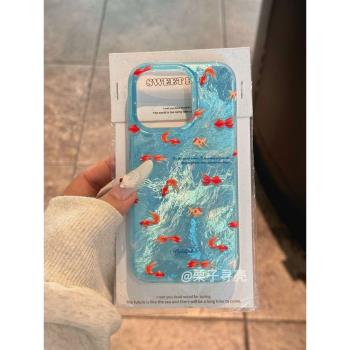 個性冷淡風鐳射藍色錦鯉適用蘋果15promax手機殼iphone14新款13二合一11男女14promax軟邊13promax雙層手機套