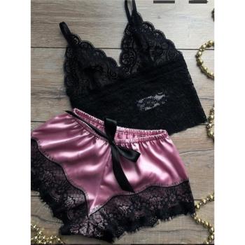 womens pajamas夏季v領性感吊帶薄款蕾絲上衣短褲純色睡衣套裝女