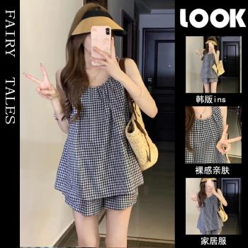 背心吊帶格子ins韓版網紅風睡衣女夏季2023年新款短褲家居服套裝