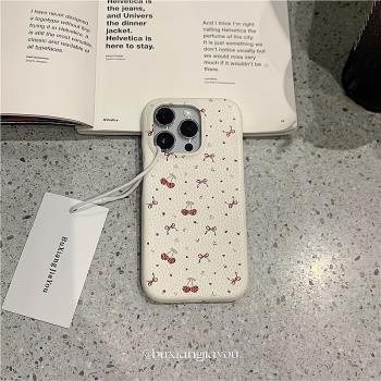 不想加油 原創韓國ins小眾不撞殼夏日個性時尚半包皮紋蝴蝶結櫻桃適用於iphone16proMax蘋果14手機殼13硬殼15