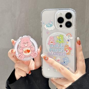 適用蘋果15iPhone14promax16亞克力13promax可愛磁吸支架Magsafe無線充電卡通彩虹熊手機殼防摔高階感保護套