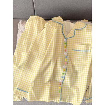 奶黃格子睡衣女春秋季長袖純棉愛心刺繡秋天新款家居服套裝可外穿