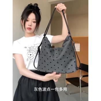 波點蝴蝶結帆布包女2024新款潮韓國雙肩包休閑大容量通勤斜挎揹包