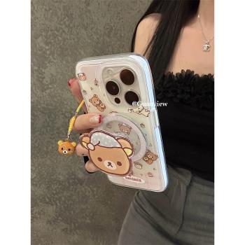 guanview ins可愛睡帽輕松熊磁吸手機殼適用iphone15promax蘋果14雙層13矽膠全包12少女16promax軟殼15防摔套