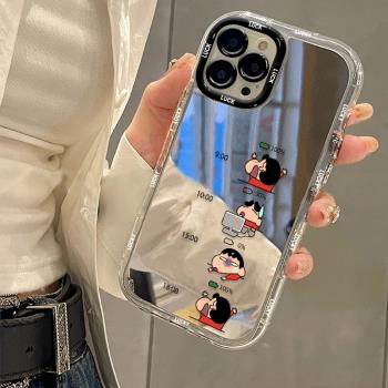 霆圳適用蘋果16手機殼鏡面打工人蠟筆小新iphone14ProMax新款15plus卡通13套12女XSMAX補妝鏡子X/XR軟8plus防