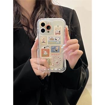 卡通史努比支架iphone15/14手機殼適用蘋果13promax小眾動漫12/11女新款透明矽膠保護套鏡頭全包防摔16promax