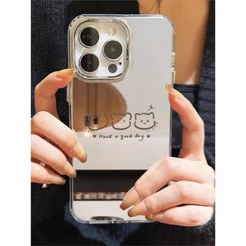 適用蘋果14promax手機殼鏡面新款iPhone15的套女全包高級感16max小眾8plus矽膠防摔13外殼12鏡子線條小熊16