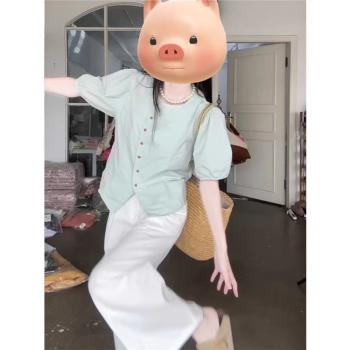 夏裝搭配一整套裝女時尚洋氣泡泡袖襯衫闊腿褲高級感小洋裝兩件套