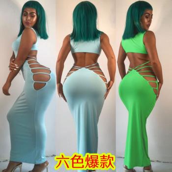 2019歐美捆綁風裸背性感彈力緊身夜店酒吧時尚禮服洋裝長款連衣裙
