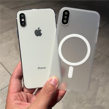 高階磨砂半透明白色帶鏡頭膜防指紋MagSafe磁吸無線充電適用iPhonex/XS手機殼蘋果XSMAX保護套全包PC硬殼超薄