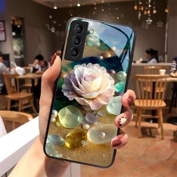 海灘花朵適用三星s21/s20手機殼s21Ultra優美S21+高階S20Ultra保護套女款玻璃個性防摔全包奢華網紅潮流鏡面