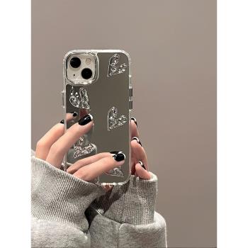 補妝鏡面立體愛心適用15pro創意iphone14蘋果13promax手機殼12甜美8女76plus銀色SE32高階11矽膠XR新款14plus
