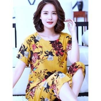 媽媽棉綢睡衣女中老年人造棉夏季綿綢短袖套裝大碼兩件套家居服薄