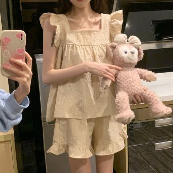 小個子ins風吊帶夏季兩件套夏款家居服套裝純棉睡衣女夏天可外穿