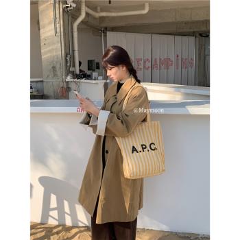 韓國博主條紋A.P.C.大容量包包女2025春夏新款實用通勤單肩托特包
