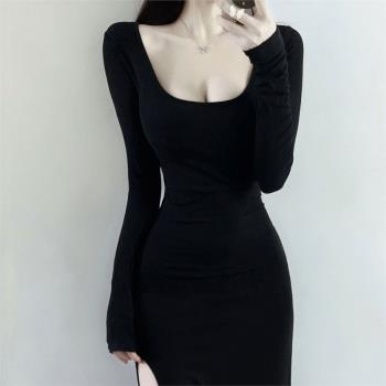 【TRDY】春秋季新款長袖修身內搭洋裝女收腰顯瘦側開叉包臀長裙子