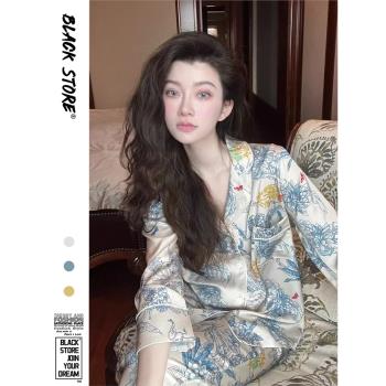 法式高階感復古印花睡衣女夏款冰絲2025年新款網紅風長袖居家套裝