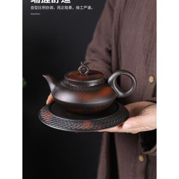 紫陶茶壺復古紫砂壺浮雕紫泥手工壺建水手抓家用陶瓷功夫茶具單壺