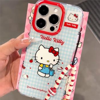 可愛格子凱蒂貓掛鏈適用蘋果15PRO/12手機殼14pm/13mini新款xs max創意iPhone 11全包XR/65女生8plus矽膠SE3