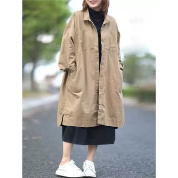 大碼女裝韓版休閑慵懶隨性襯衫風衣外套女中長款翻領2025春秋新款