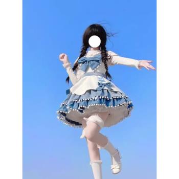 甜美可愛毛呢lolita洋裝泡泡袖針織內搭蝴蝶結洛麗塔連衣裙套裝