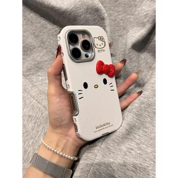 歐略 日韓可愛KT貓表情立體蝴蝶結適用蘋果16promax手機殼iPhone15新款14帶掛繩13個性女款15promax全包防摔