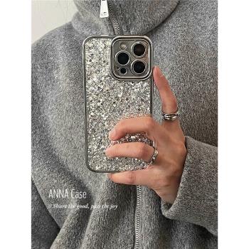 ANNACASE高階輕奢銀色亮閃閃滴膠適用iphone16promax蘋果15pro手機殼11新款12矽膠14全包13Promax防摔保護套