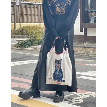 高圓圓同款ball chain日系刺繡藍貓環保袋購物袋大容量帆布通勤包