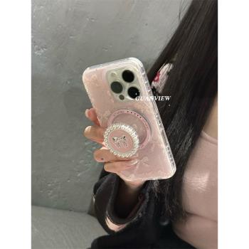guanview 氣質淺粉珍珠金屬蝴蝶結磁吸支架適用iphone16promax蘋果16手機殼15pro雙層14女13防摔P70Pro保護套
