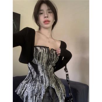 美式復古高級感小洋裝chic上衣甜辣黑色別致抹胸上衣+披肩套裝女