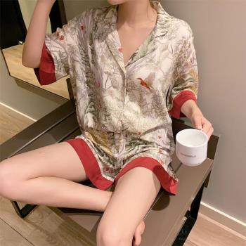 復古中國風高檔冰絲睡衣女款短袖短褲ins氣質涼感休閑可外穿套裝