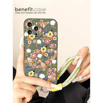 benefit復古清新碎花帶掛繩適用於iphone16promax蘋果15PRO手機殼13新款14套12創意11全包xsmax矽膠xr防摔8p7