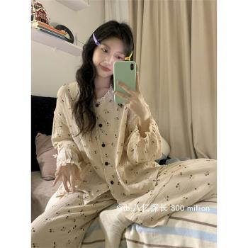 韓版睡衣女春秋季2025新款蕾絲櫻桃長袖長褲甜美ins風家居服套裝