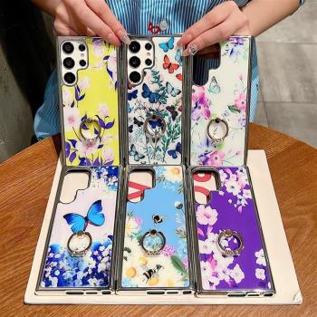 小清新A53花朵13蝴蝶適用iPhone14蘋果15Pro Max三星A54指環扣A24支架S23U電鍍S22女款A34手機殼