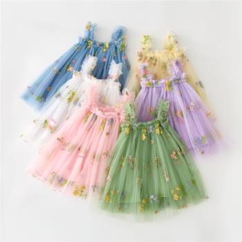 亞馬遜童裙刺繡新款吊帶女童連衣裙刺繡甜美紗裙兒童洋裝公主裙