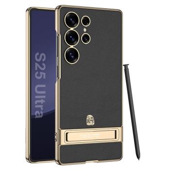 適用三星S25Ultra手機殼Galaxy S24Ultra新款金絲銀錦電鍍素皮鏡頭全包保護套S23Ulta折疊支架時尚商務防摔殼