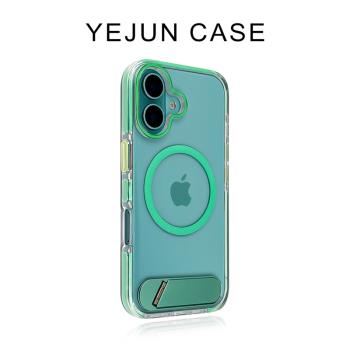 也駿適用蘋果16手機殼綠色折疊隱形支架iphone16promax冰川磁吸15pro透明14亞克力新款13防摔大孔16plus