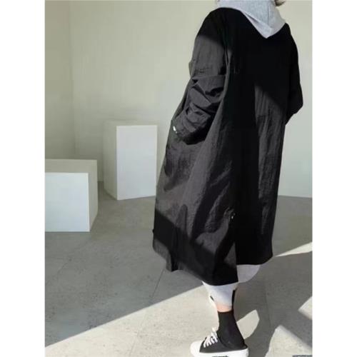 韓國chic2024春季寬松大碼胖MM單排扣薄款中長款風衣慵懶外套長袖