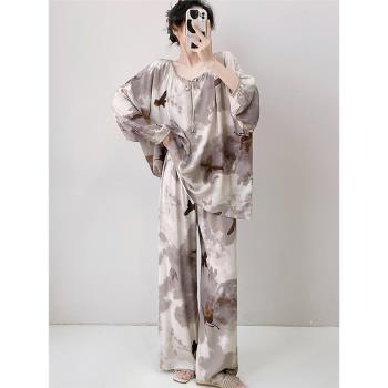 綿綢睡衣女春秋夏季寬松可外穿棉綢家居服國風高階感寬松大碼套裝