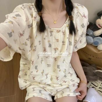 韓版ins風純棉紗布睡衣女夏季短袖短褲甜美卡通可外穿家居服套裝