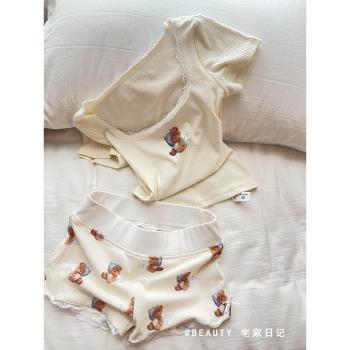 ins可愛小熊睡衣女夏天2025新款甜美蕾絲邊短袖家居服可出門套裝