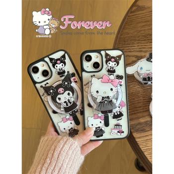 卡通庫洛米玉桂狗適用iphone16promax蘋果15手機殼新款14磁吸支架12pro暗黑風13pro女款14pro全包防摔保護套