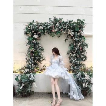 法式花嫁禮服藍色lolita抹胸拖尾連衣裙洋裝洛麗塔公主蓬蓬顯瘦