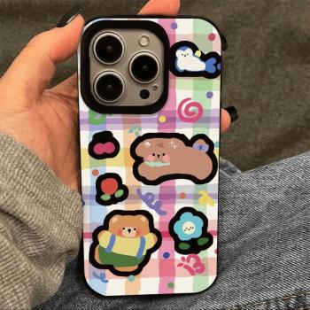 彩色格紋小熊ins韓風可愛適用14蘋果15pro手機殼iPhone13promax趣味12新款11創意15plus防摔保護軟殼xr小眾XS