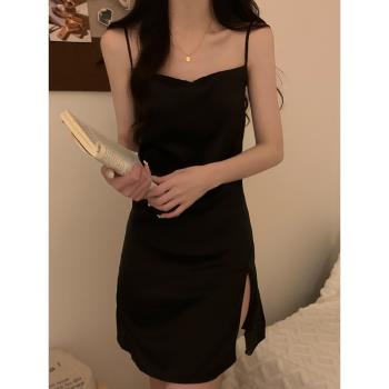 吊帶睡裙夏季女款2025新款夏天冰絲綢蕩領開叉純欲風性感黑色睡衣