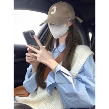 藍色襯衫搭配馬甲兩件套女秋裝小洋裝茶系穿搭一整小個子時尚套裝