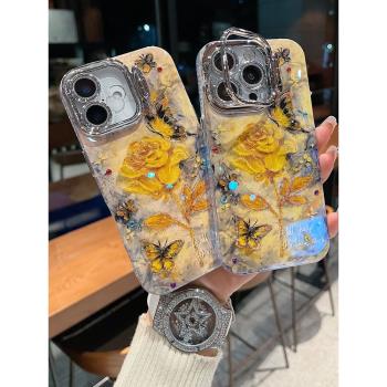適用蘋果系列iPhone16新款手機殼15promax/14pro/13pro復古隱形全包鏡頭膜支架小眾ins油畫黃玫瑰女款保護套