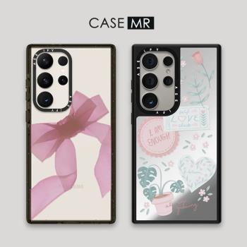CASE聯名粉色蝴蝶結絲帶格紋適用三星Galaxy S25Ultra亞克力鏡面Samsung S24Ultra潮男S23Plus+防摔保護套